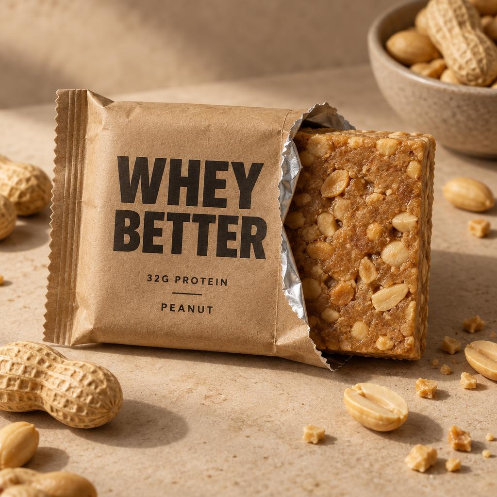 Whey Better peanut protein bar, unwrapped, with roasted peanuts